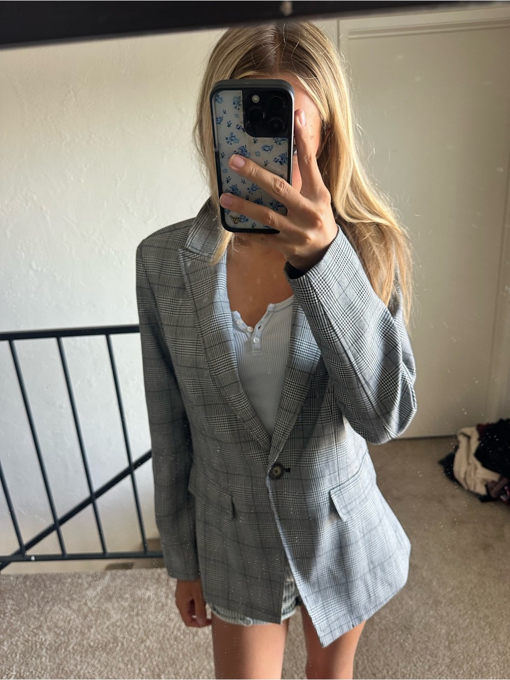 Gray Plaid Single-Button Women's Blazer